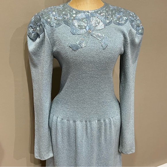 VTG Pat Sandler Wellmore Knit Dress Bow Sequins Blue Long Sheath Midi 6 Dynasty - Picture 3 of 12